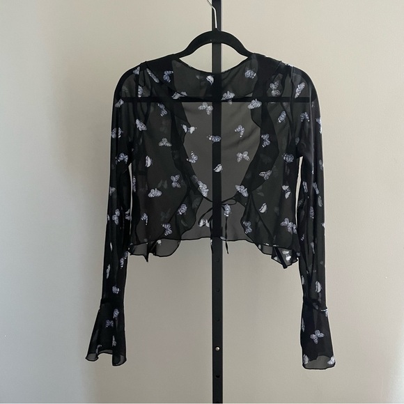 H&M Divided Black Blue Butterfly Sheer Flounce-Trimmed Chiffon Blouse Size Small - Picture 2 of 5